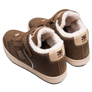 Rear three-quarter view of IPath Grasshopper Brown Shearling shoes showing fleece lining and branded heels