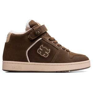 IPath Grasshopper Brown Shearling shoe side profile showing brown upper, ankle strap and cream sole