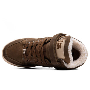 Top view of IPath Grasshopper Brown Shearling shoe showing brown laces, strap and cream fleece lining