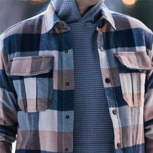 real lifestyle photo jetty sherpa lined flannel jacket blush