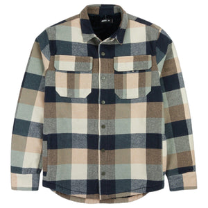 Plaid shirt with a pattern of lt brown, beige, light pink on a white background