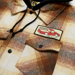 Hooded Flannel Shirt close-up custom logo patch above chest pocket