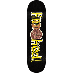 Skateboard deck with a cartoon character and 'Kreoked' text on a black background crooked x quarter snacks