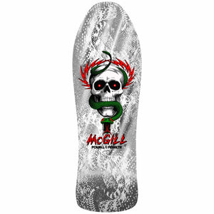 Skateboard deck with a skull and snake design on a white background