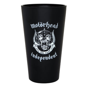 Black pint glass with Motörhead logo on front text on back