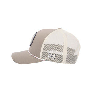 Side view showing Tridents embroidery on hat