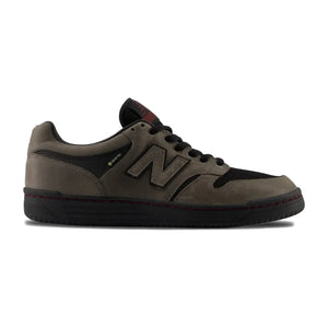 New Balance Numeric 480 x Gore-Tex skate shoe in black and grey, side view with grey nubuck upper, black nylon panels, N logo and black cupsole