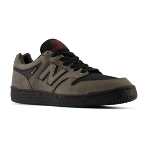 New Balance Numeric 480 x Gore-Tex black grey skate shoe, front three-quarter view showing reinforced toe cap and Gore-Tex tag