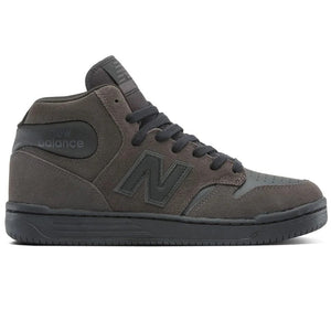 A dark brown suede and synthetic leather New Balance 480 mid-top sneaker with black laces, a black heel tab, and a black sole, shown from a side profile on a white background.