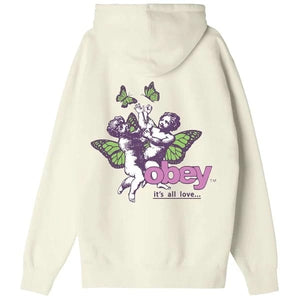 a biege obey hoodie back image with the quote its all love 
