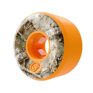 A Oj orange skateboard wheel with a  realtree camouflage tree bark pattern on the inner ring56mmm and 92a hardness