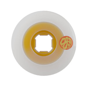 A single skateboard wheel shown from a top-down view on a plain white background. The wheel has a translucent white outer barrel, a yellow-orange inner core, and a small red and yellow logo sticker on the right side.