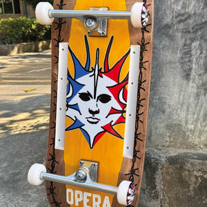 Opera Fatties Torn Spike EX7 12-inch complete skateboard showing deck graphic, trucks and rails