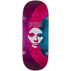 Opera Triple Torn Big Mask 12 skateboard deck with split magenta, teal and purple veneer featuring bold Opera logo and abstract face graphic