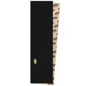 A single skateboard grip tape strip shown vertically on a white background, with the black textured side facing forward and the tan backing printed with the brand name 'PEPPER'.