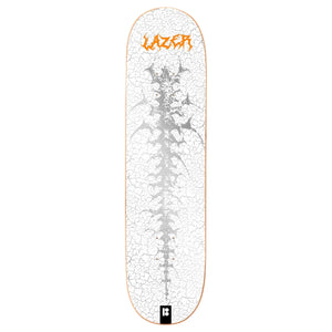 Plan B Lazer Crawford Spinal 8.25 skateboard deck graphic, white cracked finish and orange Lazer lettering
