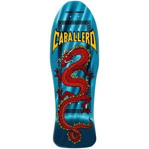powell peralta Cab reissue deck with a large red Chinese dragon graphic and the brand name 'CABALLERO' in bold yellow letters.
