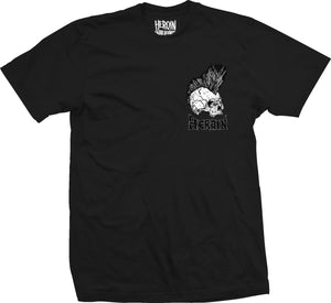 black punk skull tee from heroin skateboards front graphic 