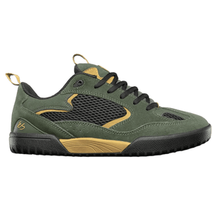 éS Quattro skate shoe in black olive featuring mesh side panels, suede overlays, and gum accents