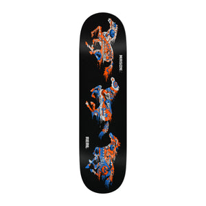 Real Mason Silva Horsepower DBX 8.28 skateboard deck, black bottom graphic with orange, blue and white horse artwork and Mason and Real logos