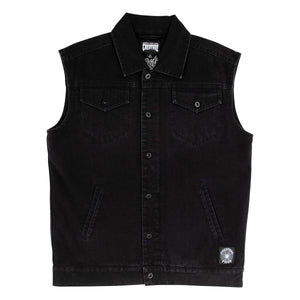 front image Creature Resurrection Denim Vest with quilted flannel lining, applied printed twill back patch, welt pockets, interior patch pocket, and matte black hardware.