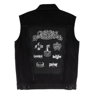 back image Creature Resurrection Denim Vest with quilted flannel lining, applied printed twill back patch, welt pockets, interior patch pocket, and matte black hardware.