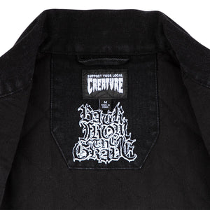 Creature Resurrection Denim Vest with quilted flannel lining, applied printed twill back patch, welt pockets, interior patch pocket, and matte black hardware.