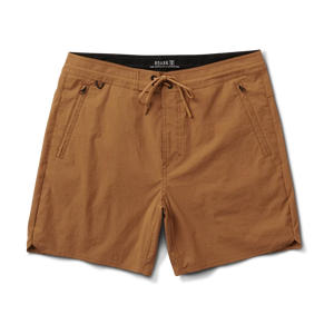 Front view of Layover Trail Shorts showing 17" outseam and drawstring waistband