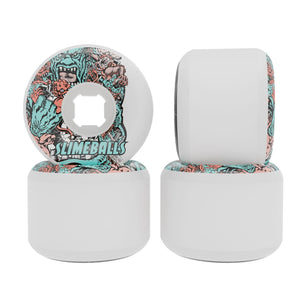 a set of white slime balls full combo roskopp five art, 56mm 97a skateboard wheels 