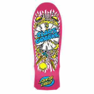 Santa Cruz Grabke Exploding Clock Reissue 10-inch skateboard deck in neon pink with Jim Phillips artwork