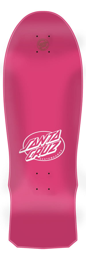 Top view of Santa Cruz Grabke Exploding Clock Reissue 10-inch skateboard deck in neon pink