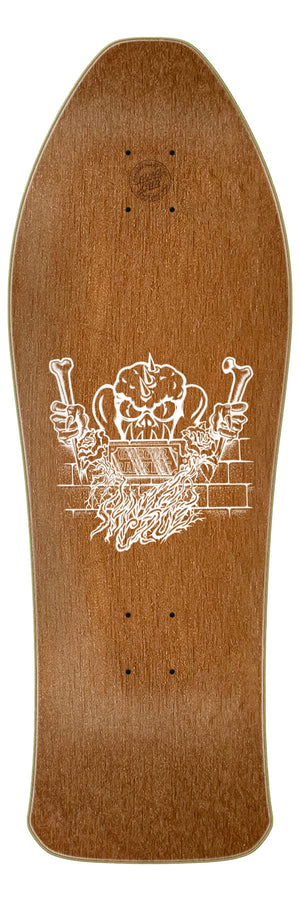 Top view of the Santa Cruz Rankine Monster Reissue 10.39-inch skateboard deck with brown stain and laser-engraved artwork