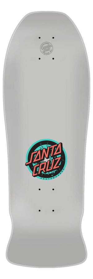 Top view of the cool grey Santa Cruz Roskopp Five Reissue 10.22-inch skateboard deck