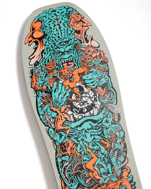 Close-up of the turquoise and orange Jim Phillips artwork on the Santa Cruz Roskopp Five Reissue deck