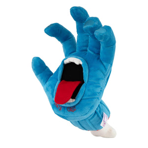 Blue Santa Cruz screaming hand plushy glove with a red interior on a white background