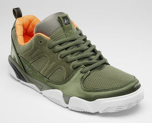 An olive green athletic sneaker with a white sole, featuring a textured mesh and suede upper, green laces, and a bright orange interior lining.
