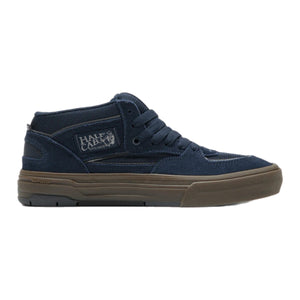 Navy blue half cab waffle cup  sneaker with brown sole on a white background