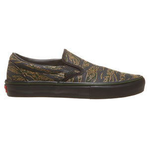 side image of the Vans skate slip-on tiger camo color, with pop Cush fir impact and comfort.