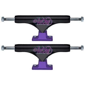 two black and purple slappy x bam skateboard trucks 
