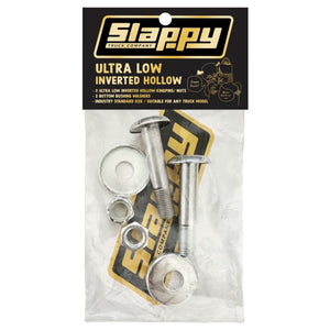 Slappy Ultra Low Kingpin Set skateboard hardware in polished finish designed to convert standard trucks into hollow inverted ultra low trucks for improved grind clearance and performance