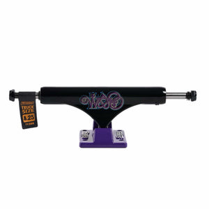 black and purple slappy STI Bam hollow skateboard trucks outside image