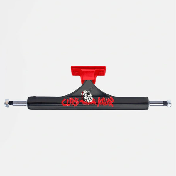 black and red slappy curb killer II skateboard trucks with Jason mask and blood curb killer text.
