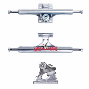 Skateboard truck assembly with a visible brand logo on a white background