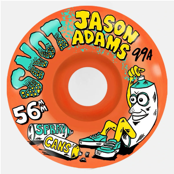 A orange snot brand skateboard wheel Jason Adams pro model. with a graphic of a spray paint can on it 