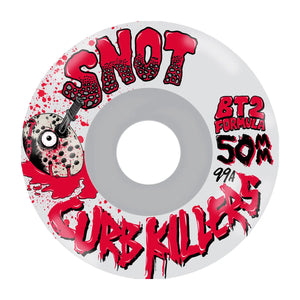 Snot Curb Killers 50mm 99A conical skateboard wheel, clear with red splatter Snot and Curb Killers lettering and hockey mask character