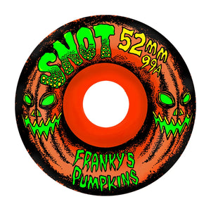 Snot Franky's Pumpkins 52mm 99A conical skateboard wheel, orange with black jack-o'-lantern faces and green Snot and Franky's Pumpkins lettering