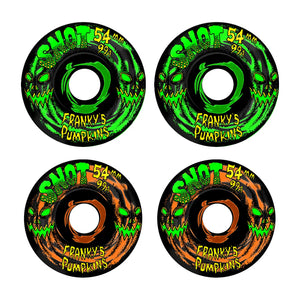 Set of 4 Snot Franky's Pumpkins 54mm 99A conical skateboard wheels, two black and green swirl and two black and orange swirl with jack-o'-lantern faces