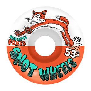 Snot Hayate's Foxes 53mm 99A skateboard wheel, white and orange split with cartoon orange fox and teal Snot Wheels lettering