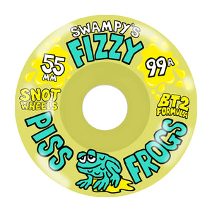 Snot Swampy's Fizzy Piss Frogs 55mm 99A conical skateboard wheel, clear yellow with teal lettering and cartoon frog graphic