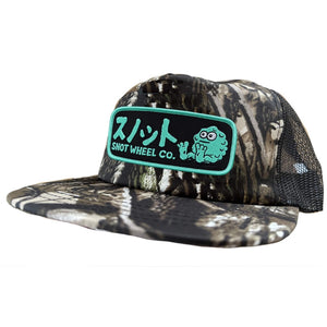 camo trucker Snot wheel co script logo snapback hat 